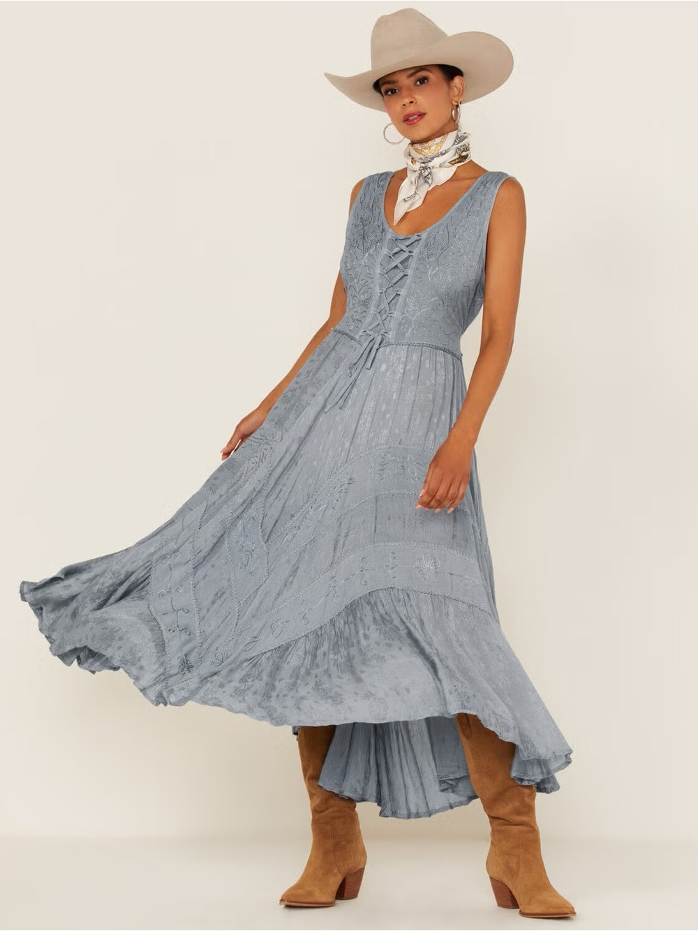 NWT Scully Western Lace-Up Jaquard Embroidered Midi Dress